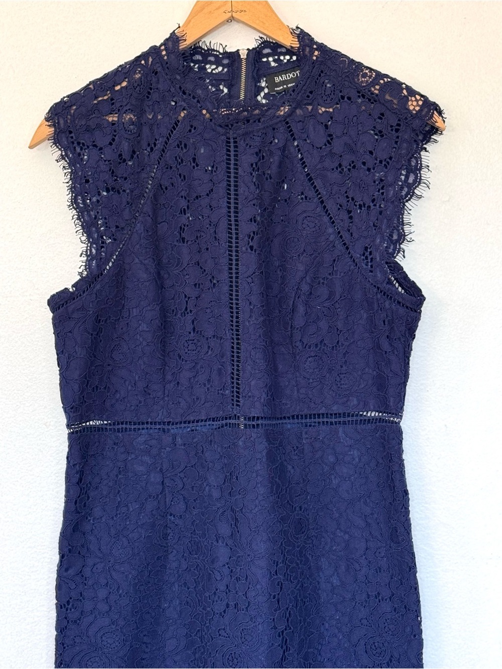 Bardot Navy Blue Lace Cocktail Dress Elegant Wedding Guest & Date Night Midi Sz8 - Picture 3 of 14